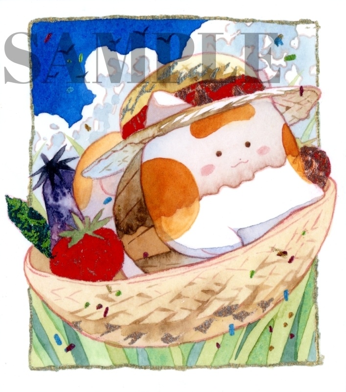 手描きイラスト オリジナル　「冷やし野菜とともに」　原画　創作　うたもちシリーズ　秋田犬　1/4色紙サイズ　透明水彩