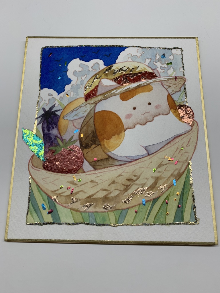 手描きイラスト オリジナル 「冷やし野菜とともに」 原画 創作 うたもちシリーズ 秋田犬 1/4色紙サイズ 透明水彩