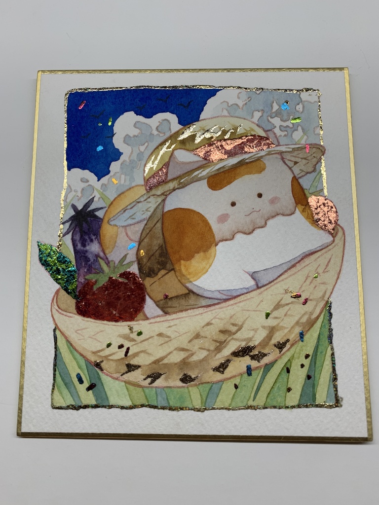 手描きイラスト オリジナル 「冷やし野菜とともに」 原画 創作 うたもちシリーズ 秋田犬 1/4色紙サイズ 透明水彩