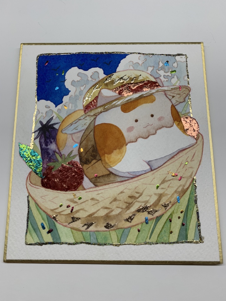 手描きイラスト オリジナル 「冷やし野菜とともに」 原画 創作 うたもちシリーズ 秋田犬 1/4色紙サイズ 透明水彩