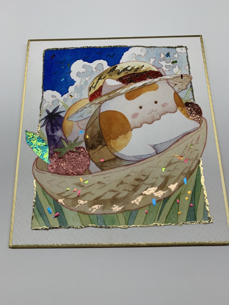 手描きイラスト オリジナル 「冷やし野菜とともに」 原画 創作 うたもちシリーズ 秋田犬 1/4色紙サイズ 透明水彩