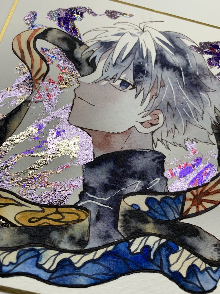 手描きイラスト オリジナル 「反撃の狼煙」 原画 創作 男の子 青年 1/4色紙サイズ 透明水彩