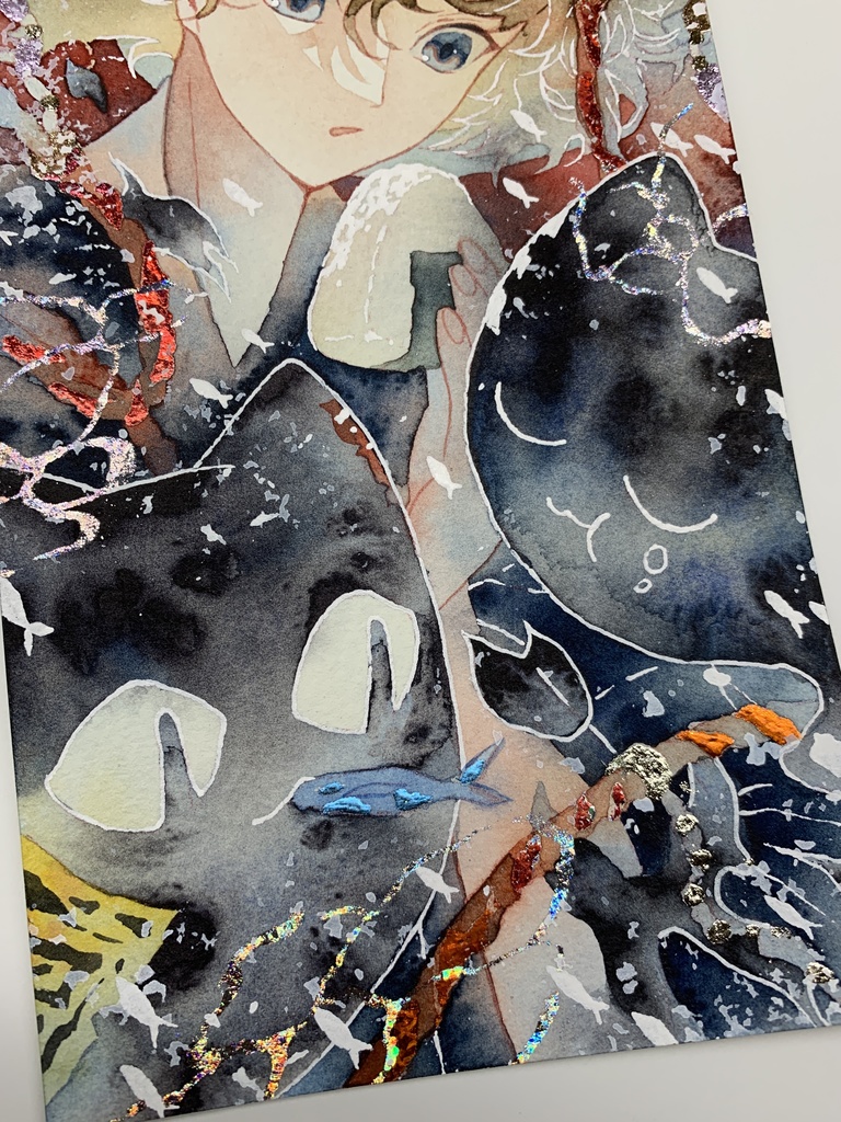 オリジナル 手描きイラスト 男の子 青年 「妖猫達の昼飯時」 縦長サイズ 透明水彩