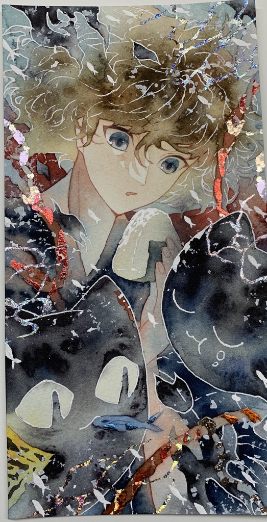 オリジナル 手描きイラスト 男の子 青年 「妖猫達の昼飯時」 縦長サイズ 透明水彩