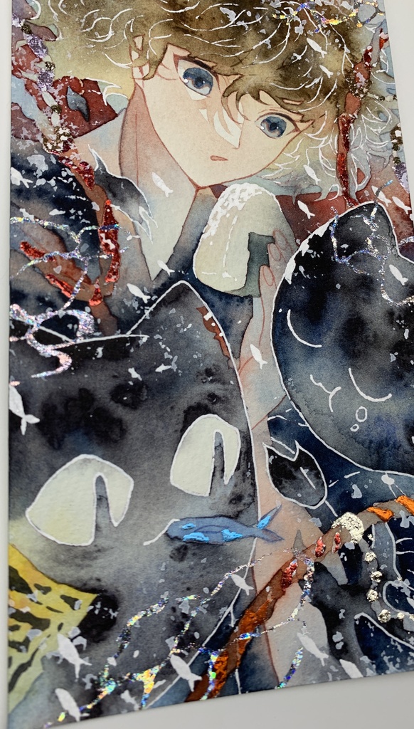 オリジナル 手描きイラスト 男の子 青年 「妖猫達の昼飯時」 縦長サイズ 透明水彩