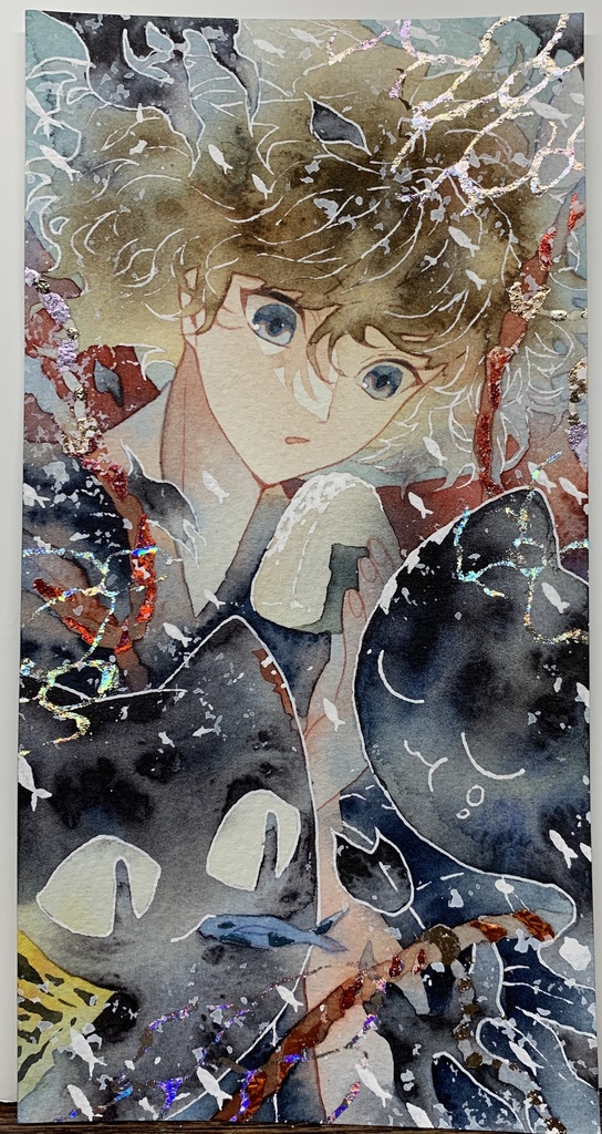 オリジナル 手描きイラスト 男の子 青年 「妖猫達の昼飯時」 縦長サイズ 透明水彩