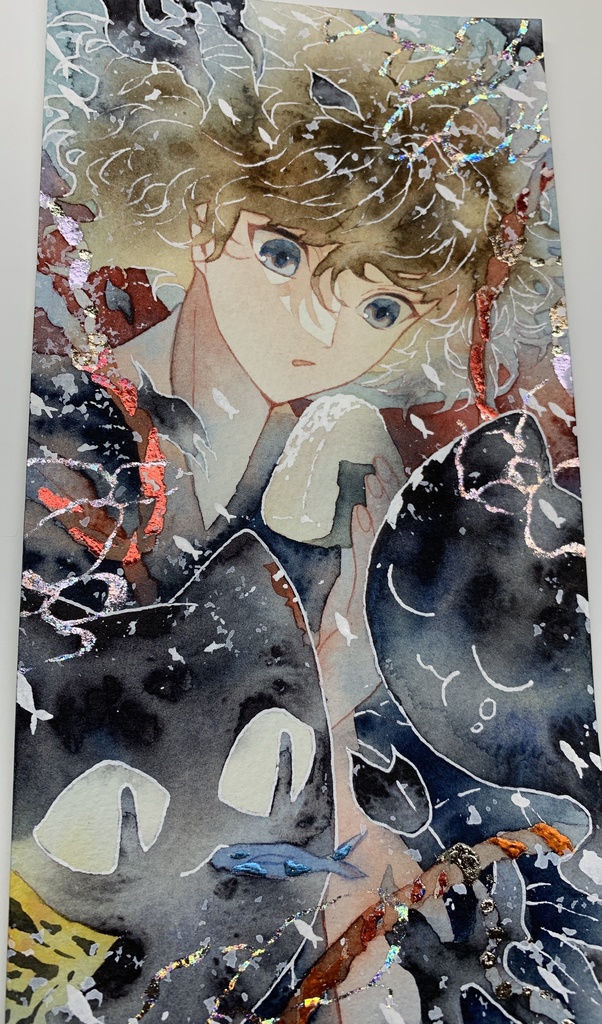 オリジナル 手描きイラスト 男の子 青年 「妖猫達の昼飯時」 縦長サイズ 透明水彩