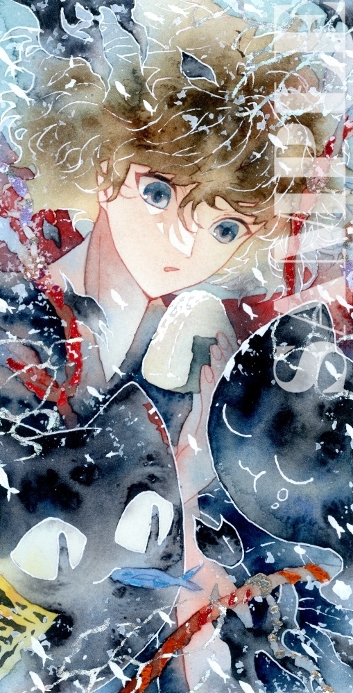 オリジナル　手描きイラスト 男の子 青年 「妖猫達の昼飯時」 　縦長サイズ　透明水彩