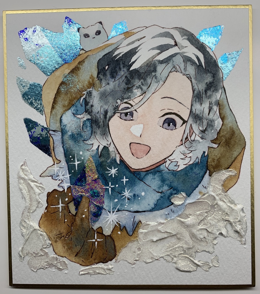 手描きイラスト オリジナル 「宝石の氷柱」 原画 創作 男の子 青年 1/4色紙サイズ 透明水彩
