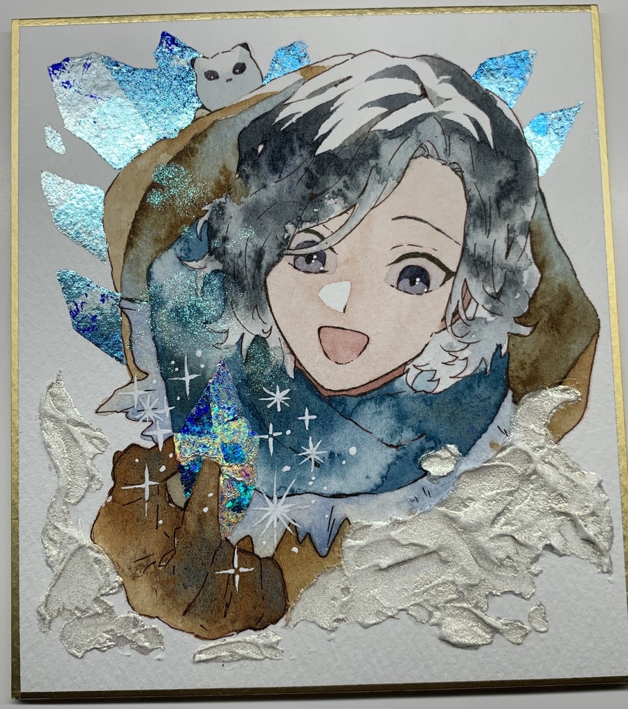 手描きイラスト オリジナル 「宝石の氷柱」 原画 創作 男の子 青年 1/4色紙サイズ 透明水彩