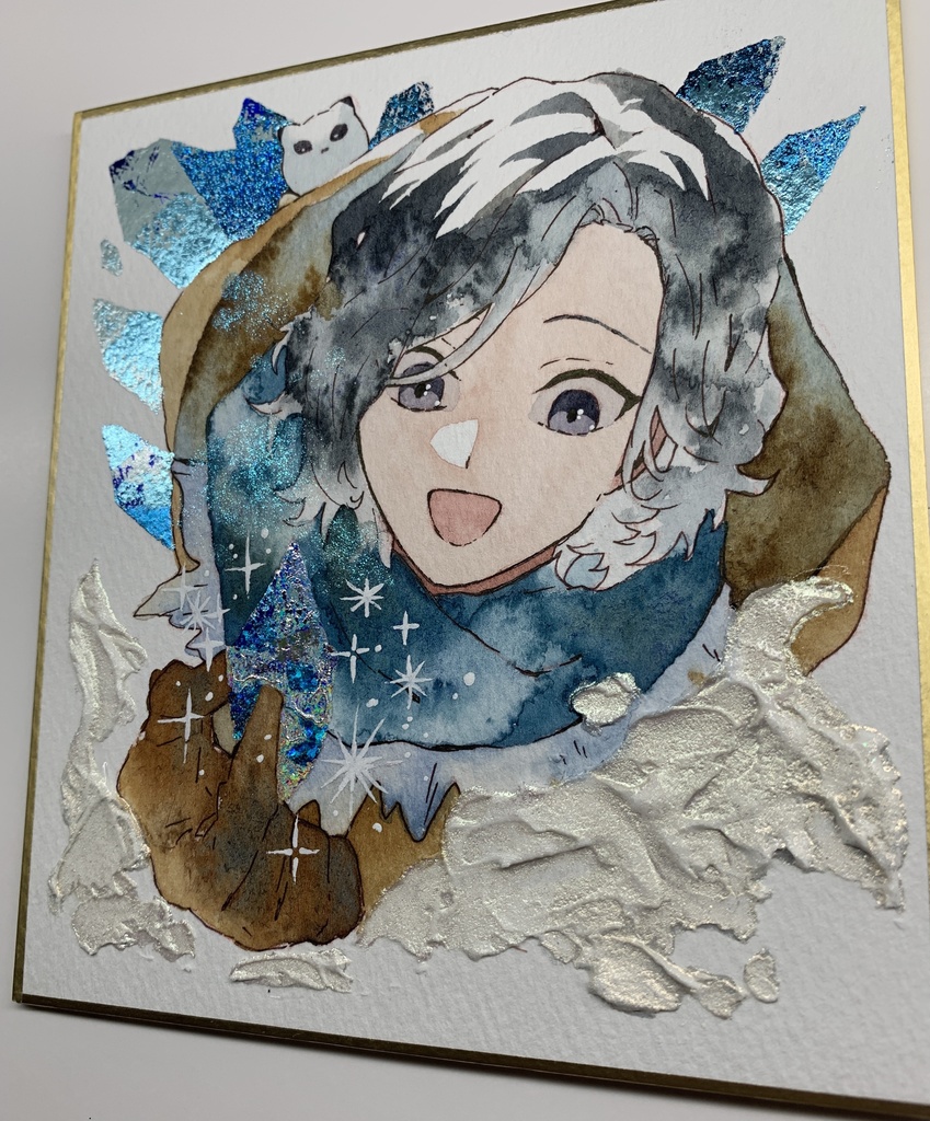 手描きイラスト オリジナル 「宝石の氷柱」 原画 創作 男の子 青年 1/4色紙サイズ 透明水彩