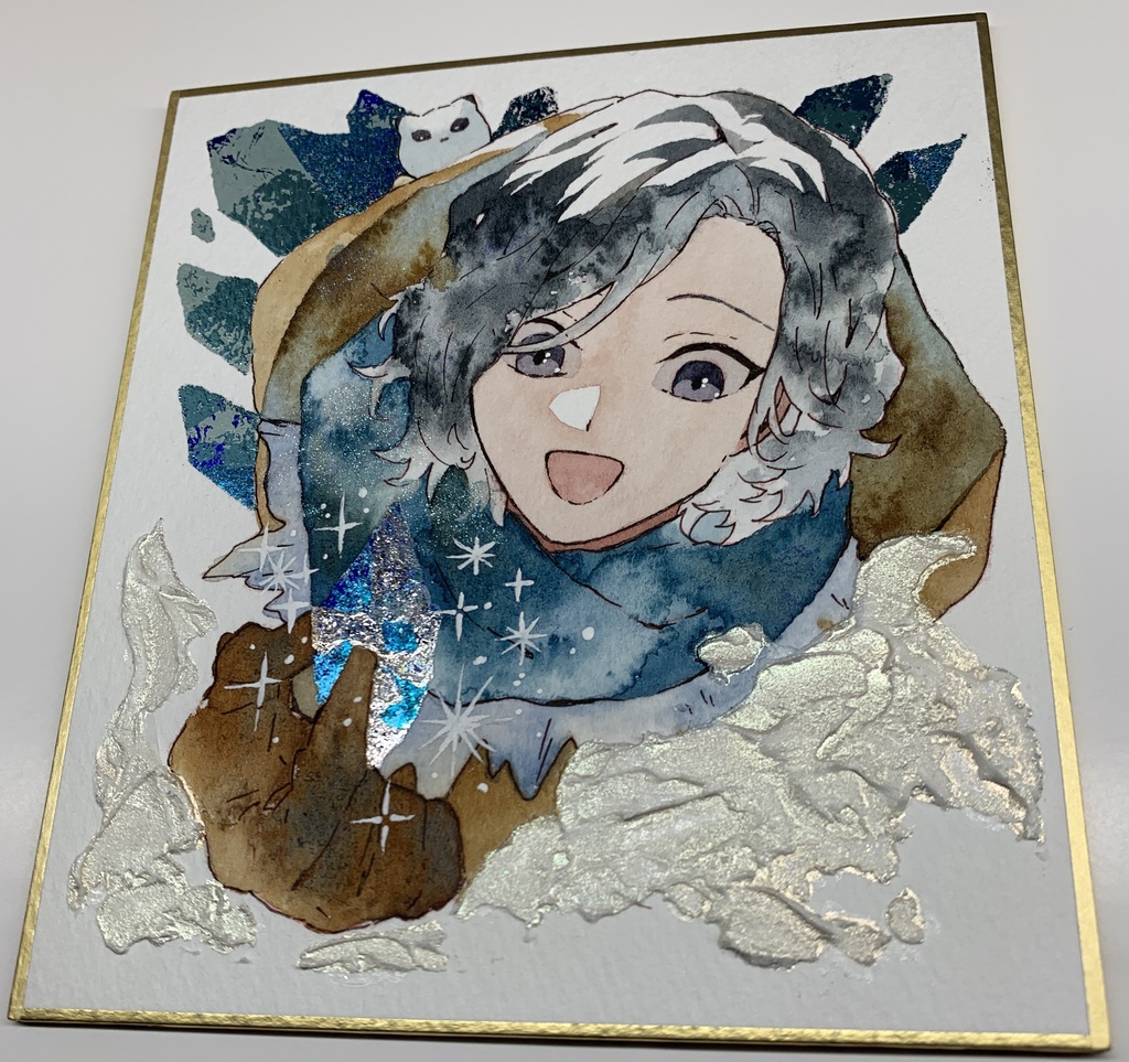 手描きイラスト オリジナル 「宝石の氷柱」 原画 創作 男の子 青年 1/4色紙サイズ 透明水彩