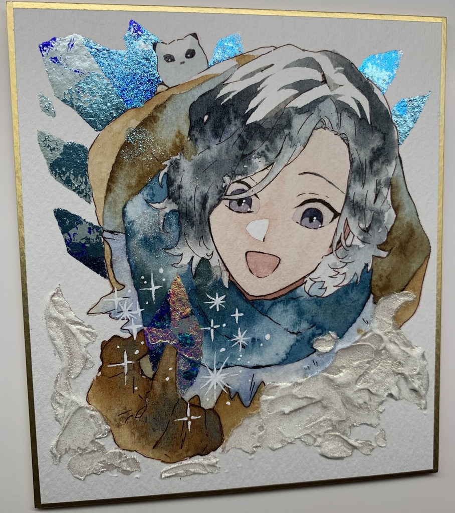 手描きイラスト オリジナル 「宝石の氷柱」 原画 創作 男の子 青年 1/4色紙サイズ 透明水彩