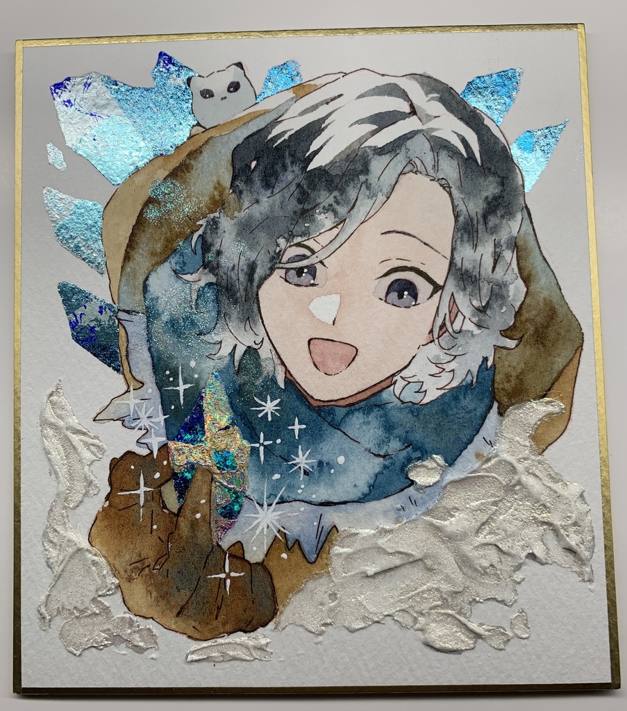 手描きイラスト オリジナル 「宝石の氷柱」 原画 創作 男の子 青年 1/4色紙サイズ 透明水彩