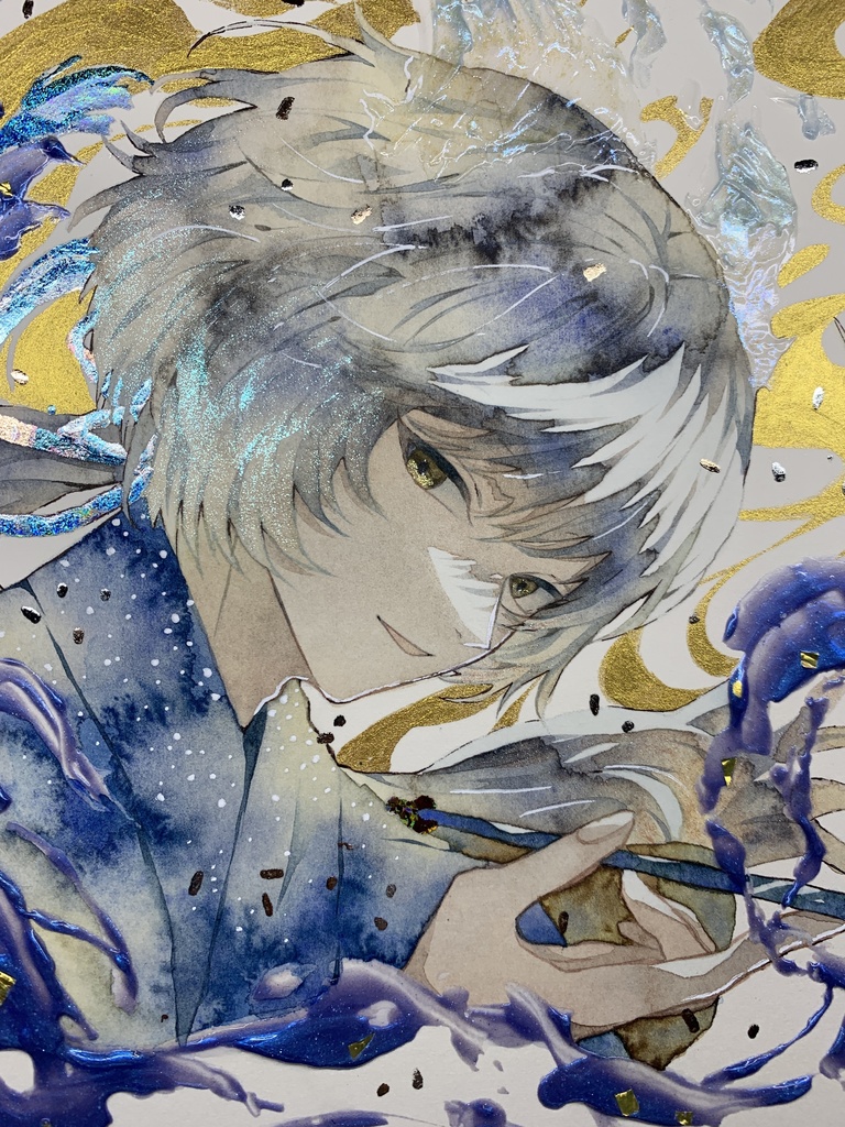 オリジナル 手描きイラスト 男の子 青年 「化け狐の息抜き」 正方形サイズ 透明水彩