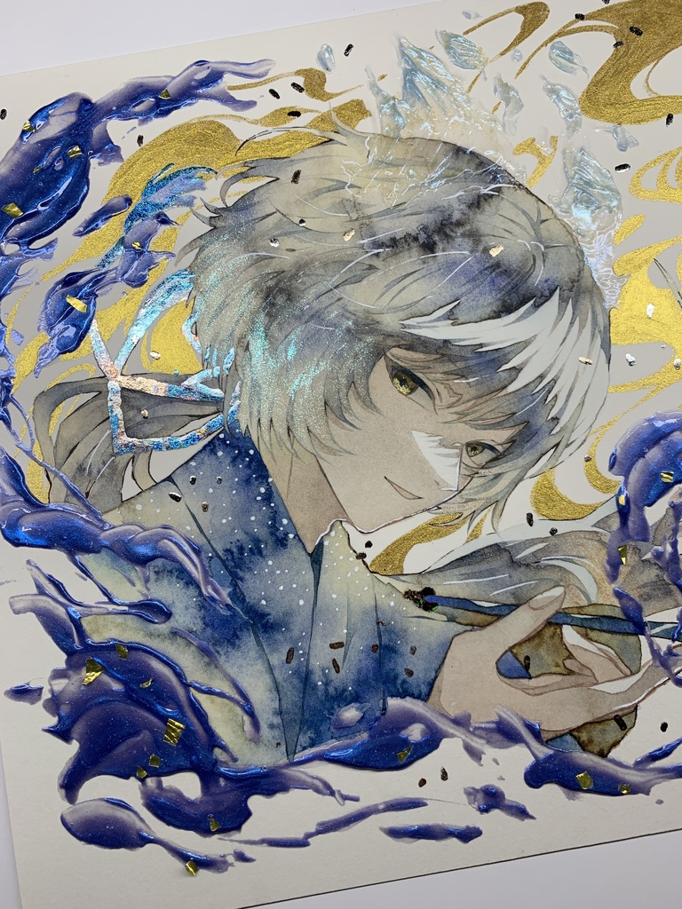 オリジナル 手描きイラスト 男の子 青年 「化け狐の息抜き」 正方形サイズ 透明水彩