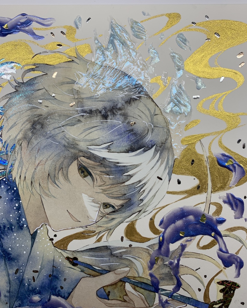 オリジナル 手描きイラスト 男の子 青年 「化け狐の息抜き」 正方形サイズ 透明水彩