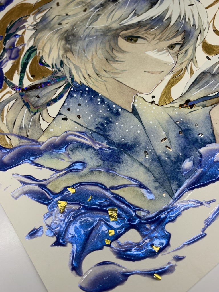 オリジナル 手描きイラスト 男の子 青年 「化け狐の息抜き」 正方形サイズ 透明水彩