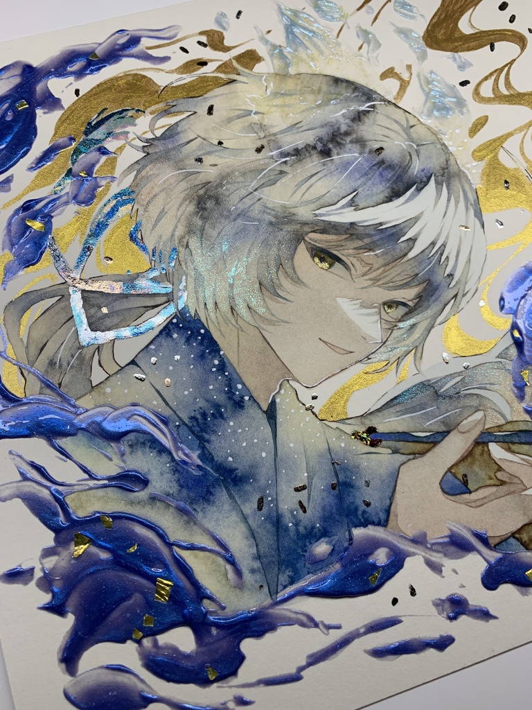 オリジナル 手描きイラスト 男の子 青年 「化け狐の息抜き」 正方形サイズ 透明水彩