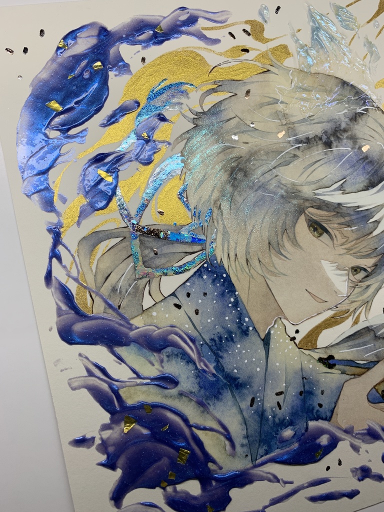 オリジナル 手描きイラスト 男の子 青年 「化け狐の息抜き」 正方形サイズ 透明水彩