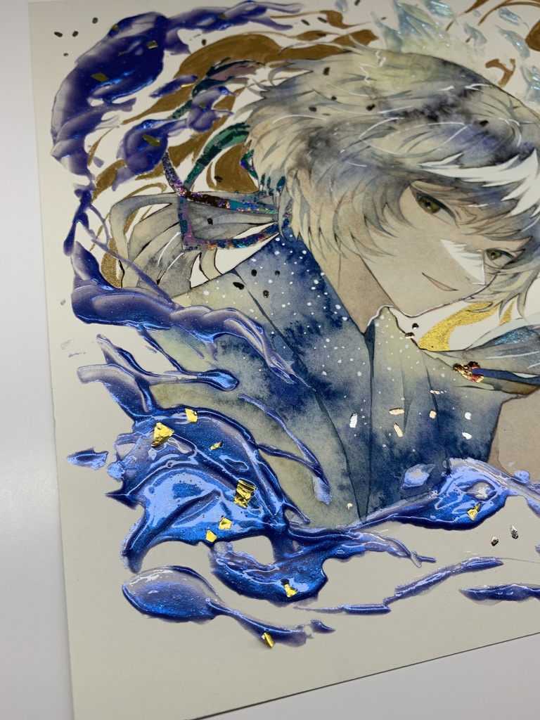 オリジナル 手描きイラスト 男の子 青年 「化け狐の息抜き」 正方形サイズ 透明水彩