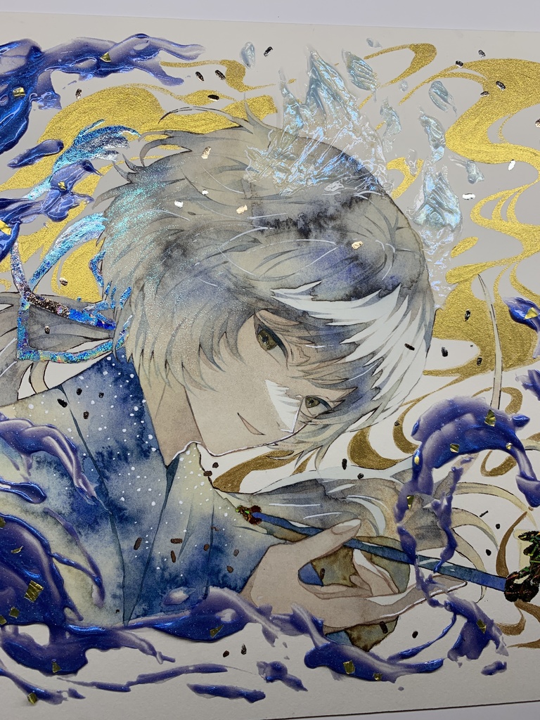 オリジナル 手描きイラスト 男の子 青年 「化け狐の息抜き」 正方形サイズ 透明水彩