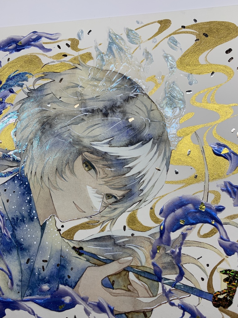 オリジナル 手描きイラスト 男の子 青年 「化け狐の息抜き」 正方形サイズ 透明水彩