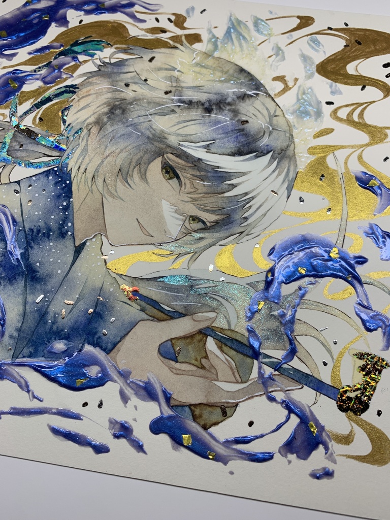 オリジナル 手描きイラスト 男の子 青年 「化け狐の息抜き」 正方形サイズ 透明水彩