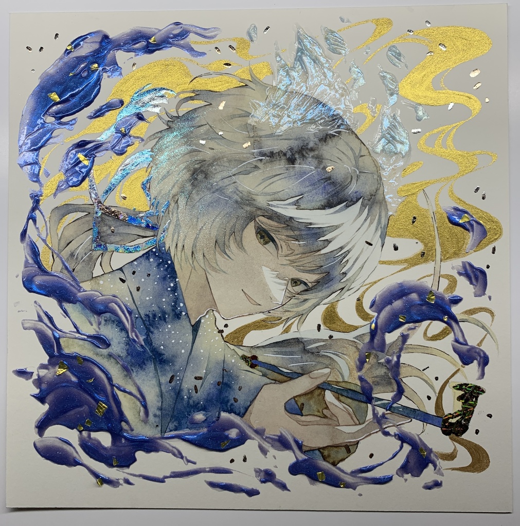 オリジナル 手描きイラスト 男の子 青年 「化け狐の息抜き」 正方形サイズ 透明水彩