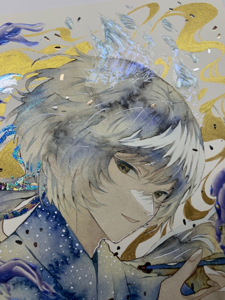 オリジナル 手描きイラスト 男の子 青年 「化け狐の息抜き」 正方形サイズ 透明水彩