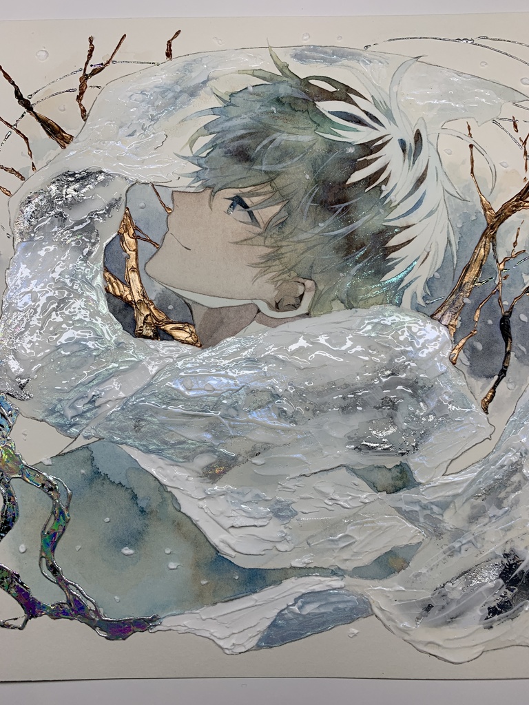 オリジナル 手描きイラスト 男の子 青年 「風花が散る」 正方形サイズ 透明水彩