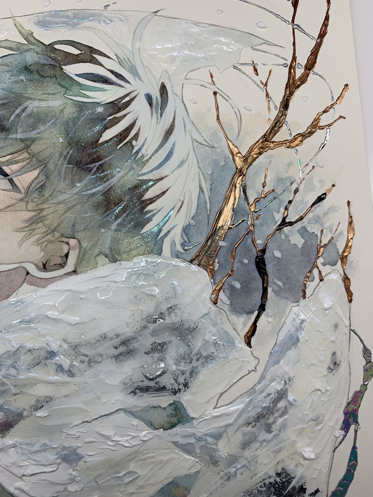 オリジナル 手描きイラスト 男の子 青年 「風花が散る」 正方形サイズ 透明水彩