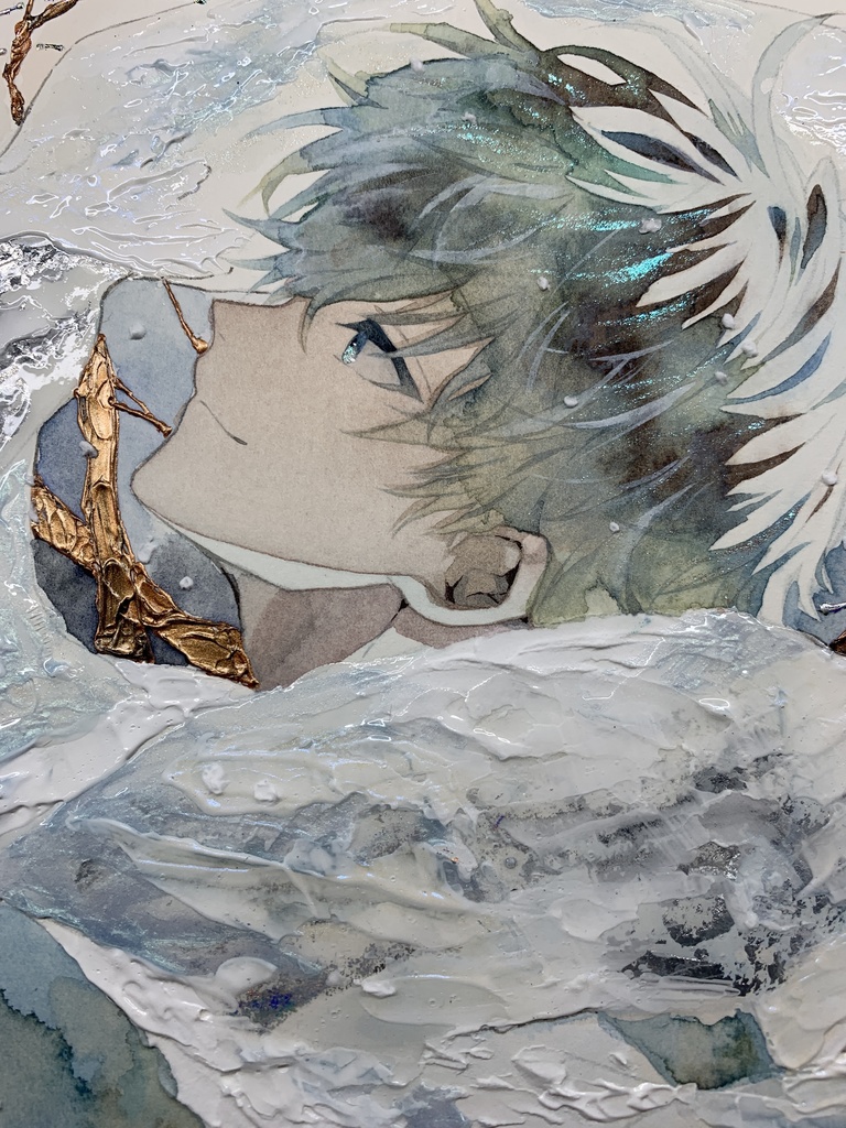 オリジナル 手描きイラスト 男の子 青年 「風花が散る」 正方形サイズ 透明水彩