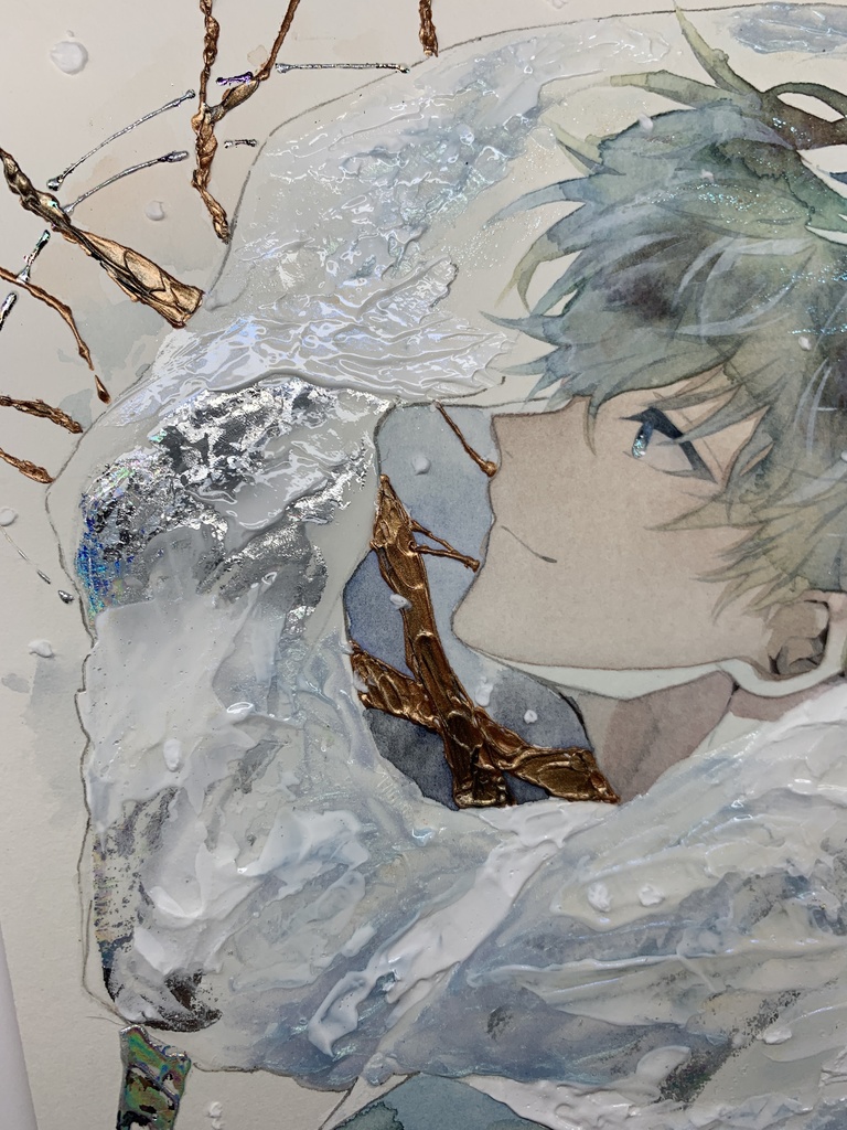 オリジナル 手描きイラスト 男の子 青年 「風花が散る」 正方形サイズ 透明水彩