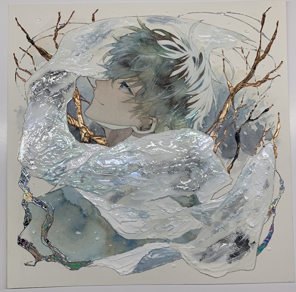 オリジナル 手描きイラスト 男の子 青年 「風花が散る」 正方形サイズ 透明水彩