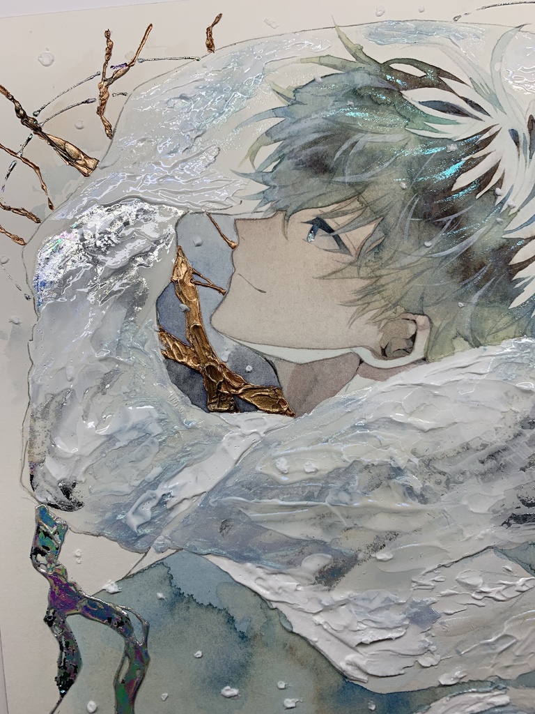 オリジナル 手描きイラスト 男の子 青年 「風花が散る」 正方形サイズ 透明水彩