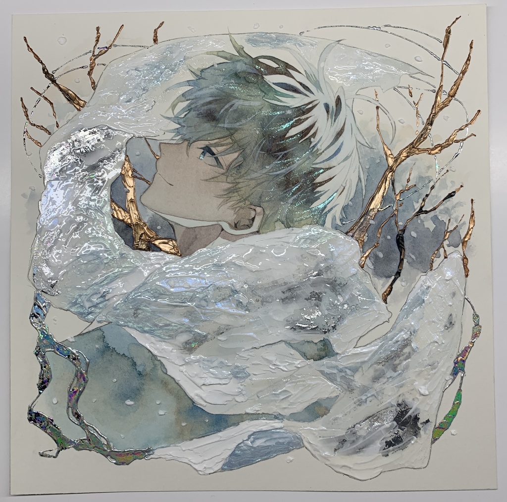 オリジナル 手描きイラスト 男の子 青年 「風花が散る」 正方形サイズ 透明水彩