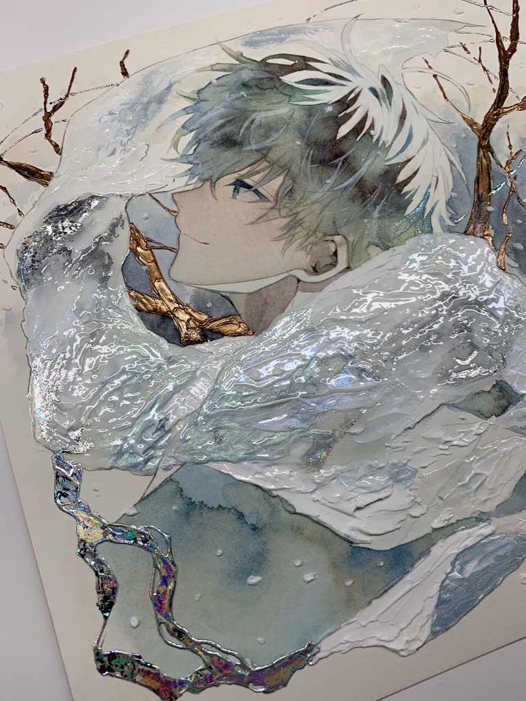 オリジナル 手描きイラスト 男の子 青年 「風花が散る」 正方形サイズ 透明水彩