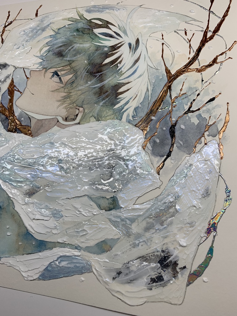 オリジナル 手描きイラスト 男の子 青年 「風花が散る」 正方形サイズ 透明水彩