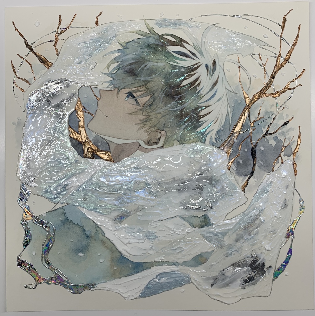 オリジナル 手描きイラスト 男の子 青年 「風花が散る」 正方形サイズ 透明水彩