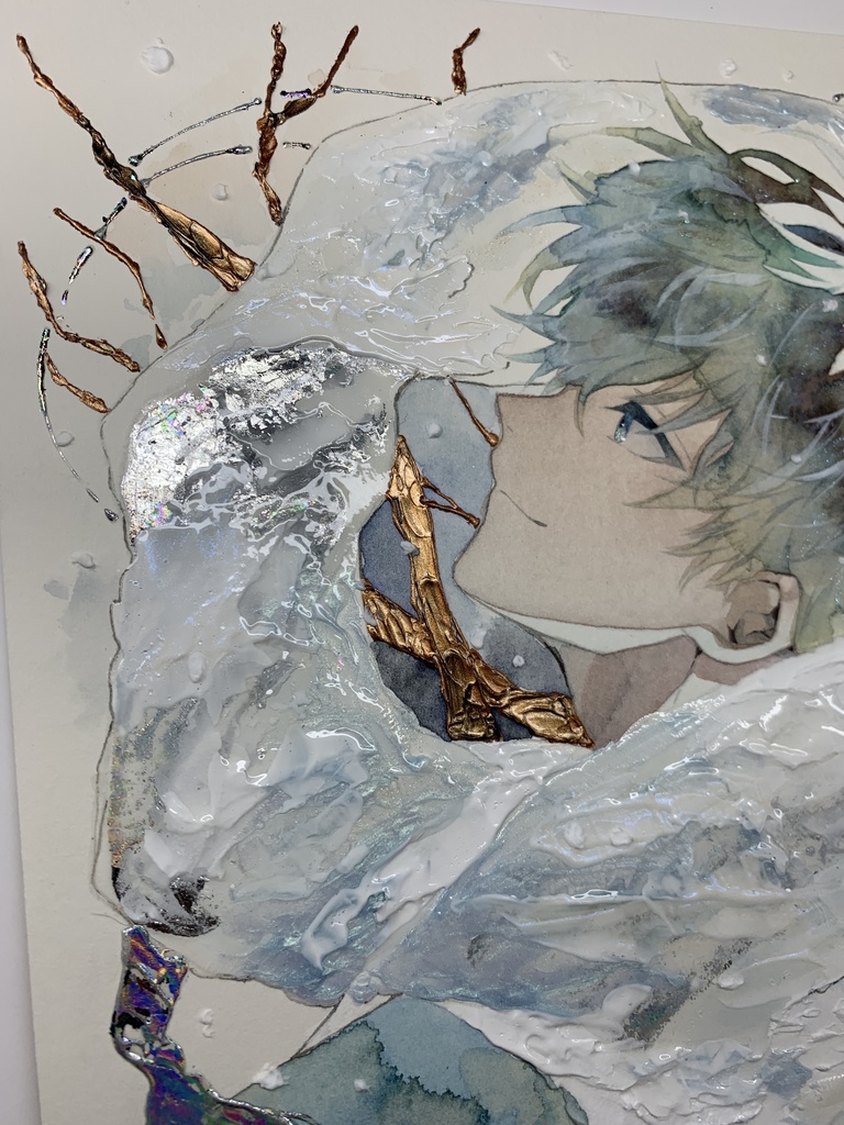 オリジナル 手描きイラスト 男の子 青年 「風花が散る」 正方形サイズ 透明水彩