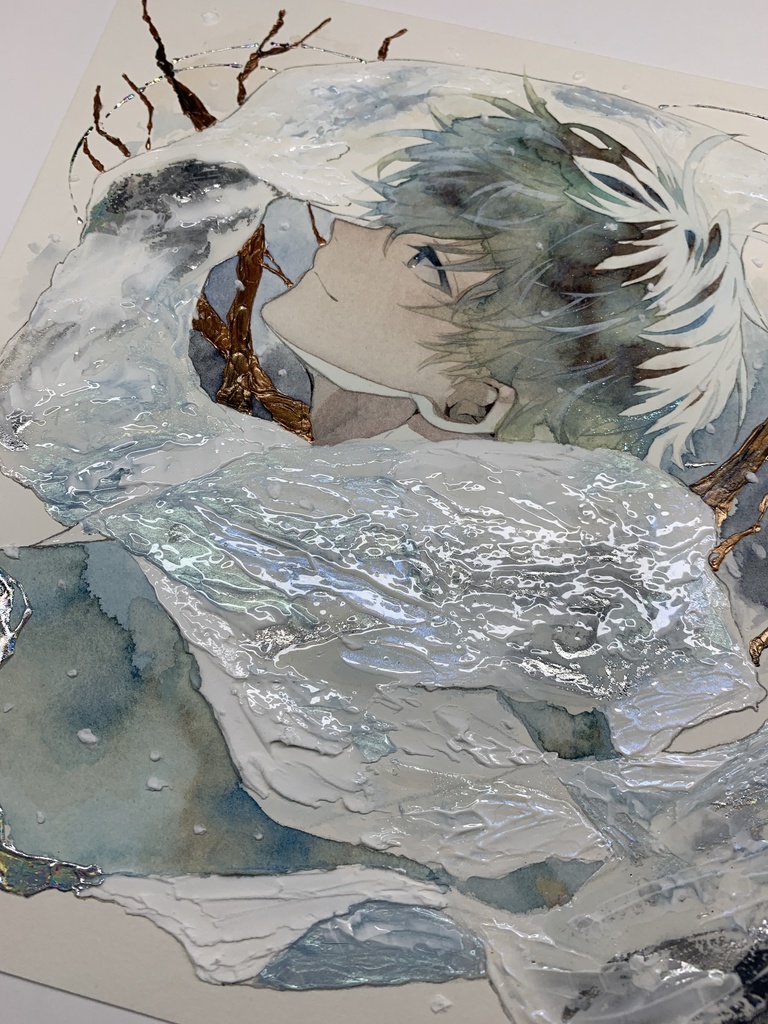 オリジナル 手描きイラスト 男の子 青年 「風花が散る」 正方形サイズ 透明水彩