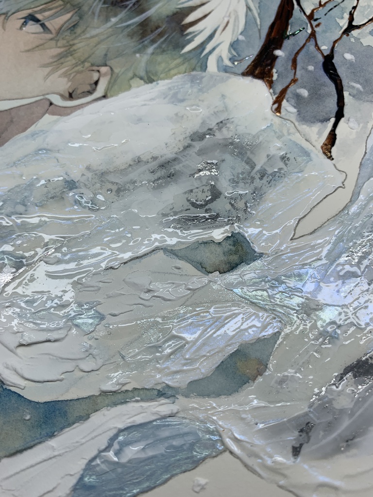 オリジナル 手描きイラスト 男の子 青年 「風花が散る」 正方形サイズ 透明水彩