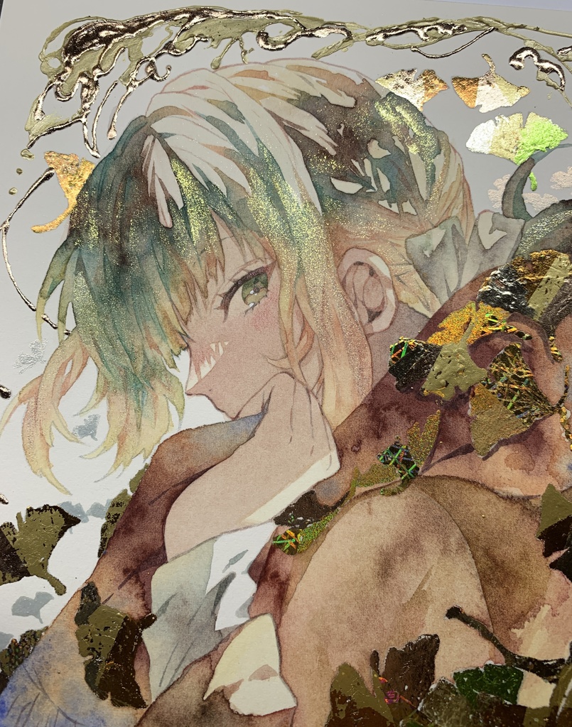 オリジナル 手描きイラスト 女の子 「黄色の飾り物」 正方形サイズ 透明水彩