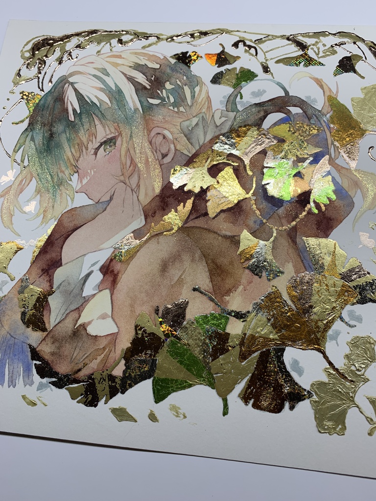 オリジナル 手描きイラスト 女の子 「黄色の飾り物」 正方形サイズ 透明水彩