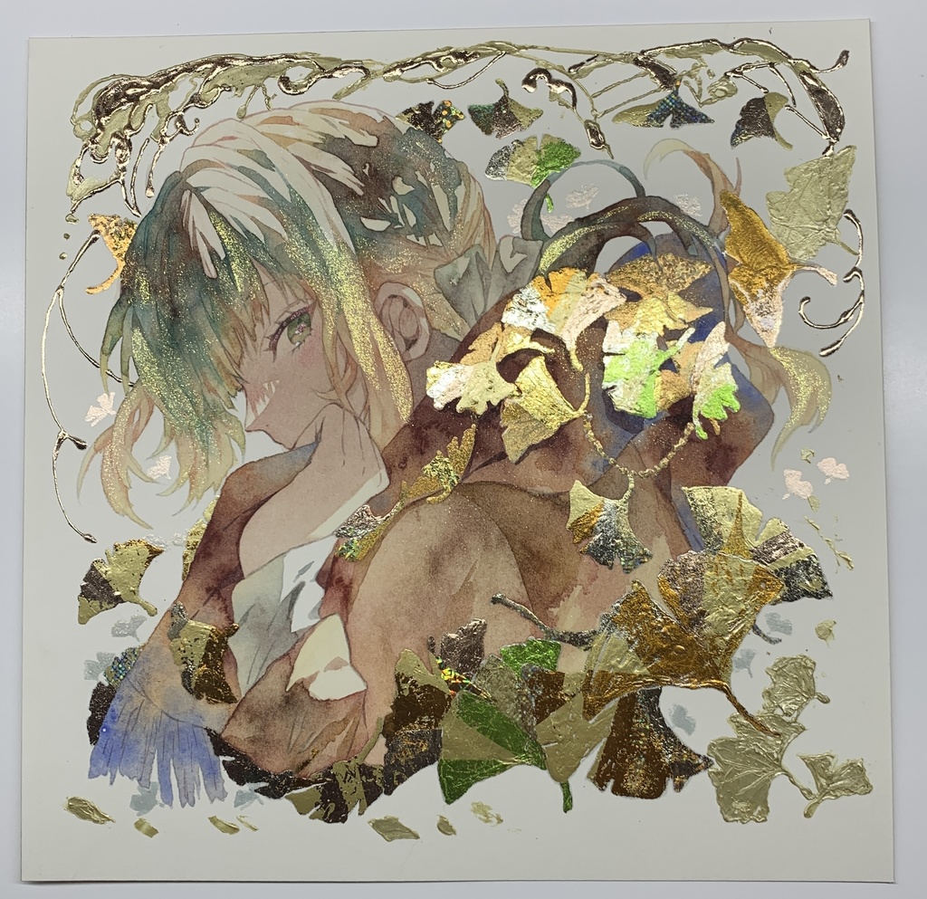 オリジナル 手描きイラスト 女の子 「黄色の飾り物」 正方形サイズ 透明水彩