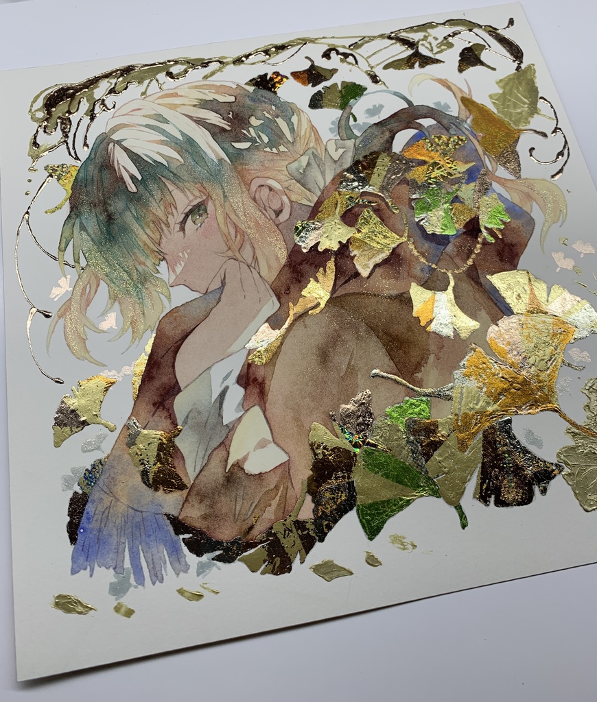 オリジナル 手描きイラスト 女の子 「黄色の飾り物」 正方形サイズ 透明水彩