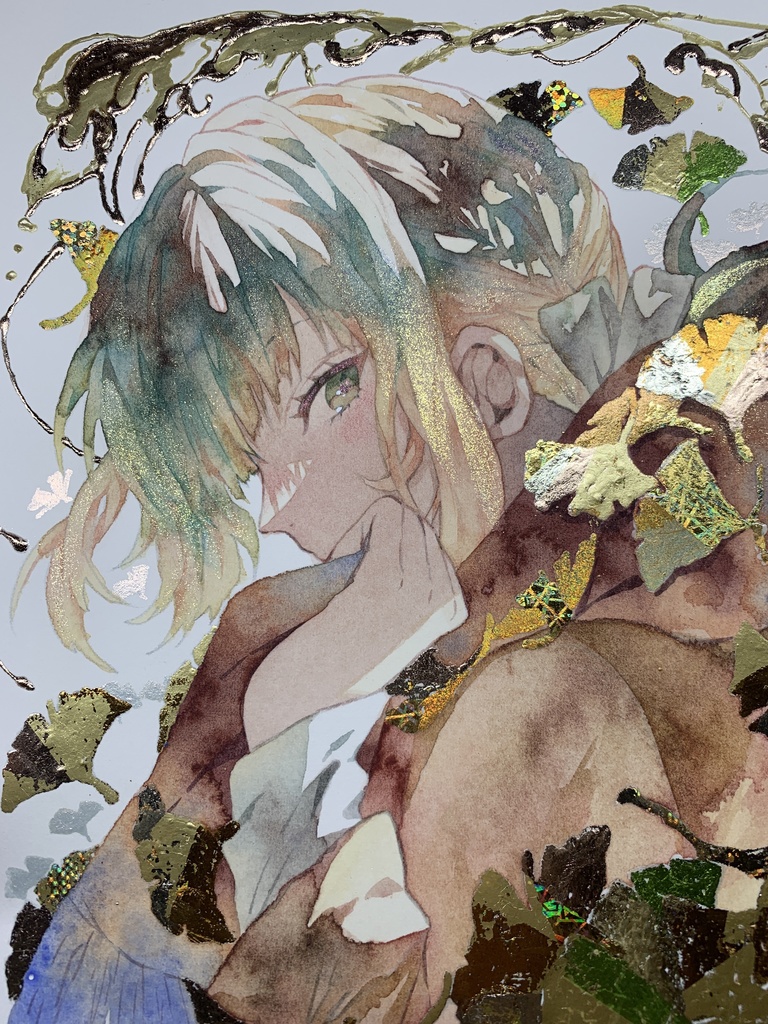 オリジナル 手描きイラスト 女の子 「黄色の飾り物」 正方形サイズ 透明水彩