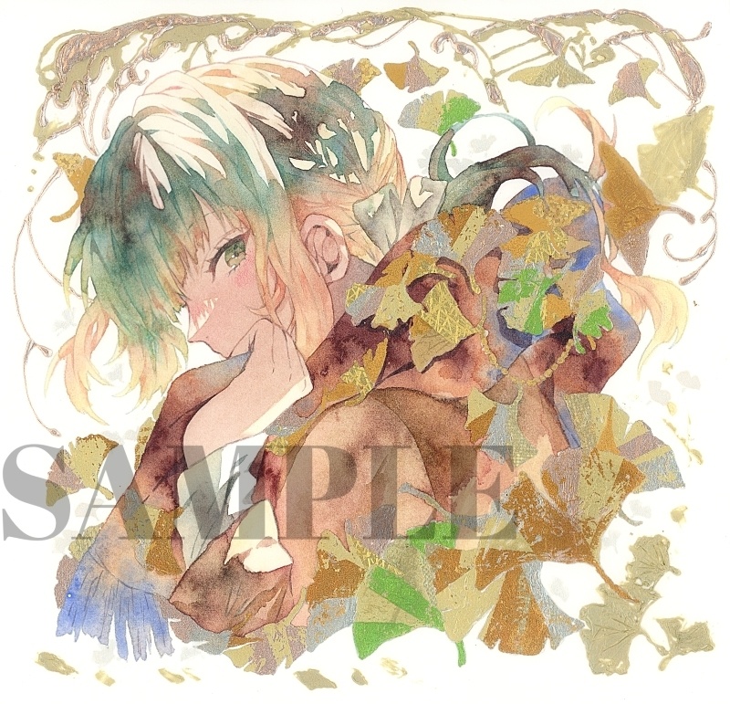 オリジナル　手描きイラスト　女の子　「黄色の飾り物」 正方形サイズ 　透明水彩