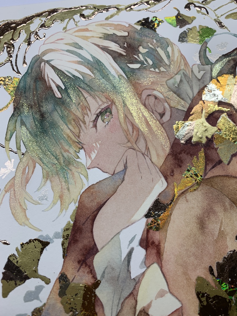 オリジナル 手描きイラスト 女の子 「黄色の飾り物」 正方形サイズ 透明水彩